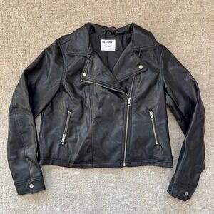Old Navy Womens Black Faux Leather Moto Biker Jacket Water Resistant Medium EUC
